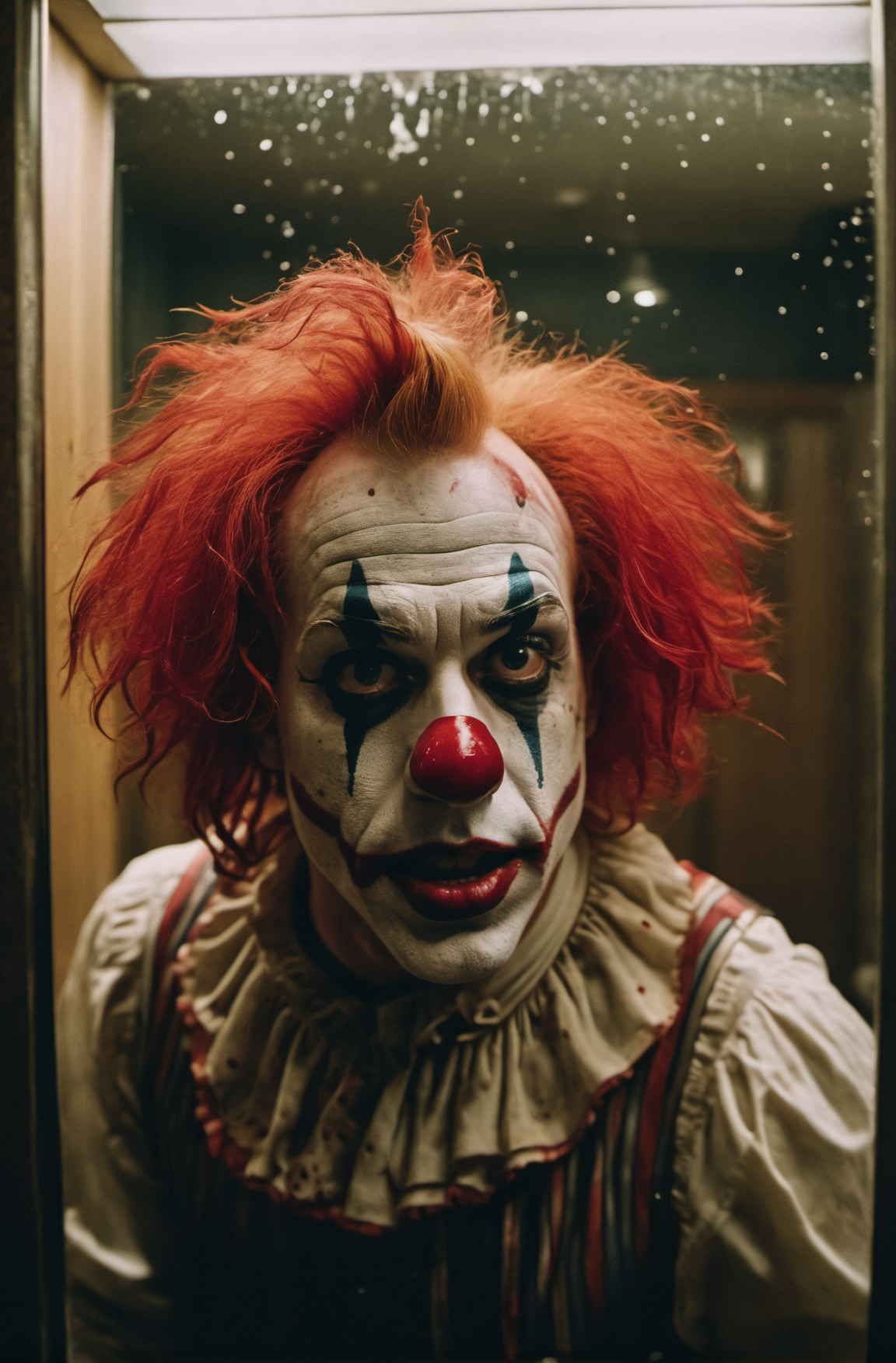 00112-A cinematic photo of a 25 year old half american half scottish killer clown, big forehead, red clown wig, running into a glass m.png